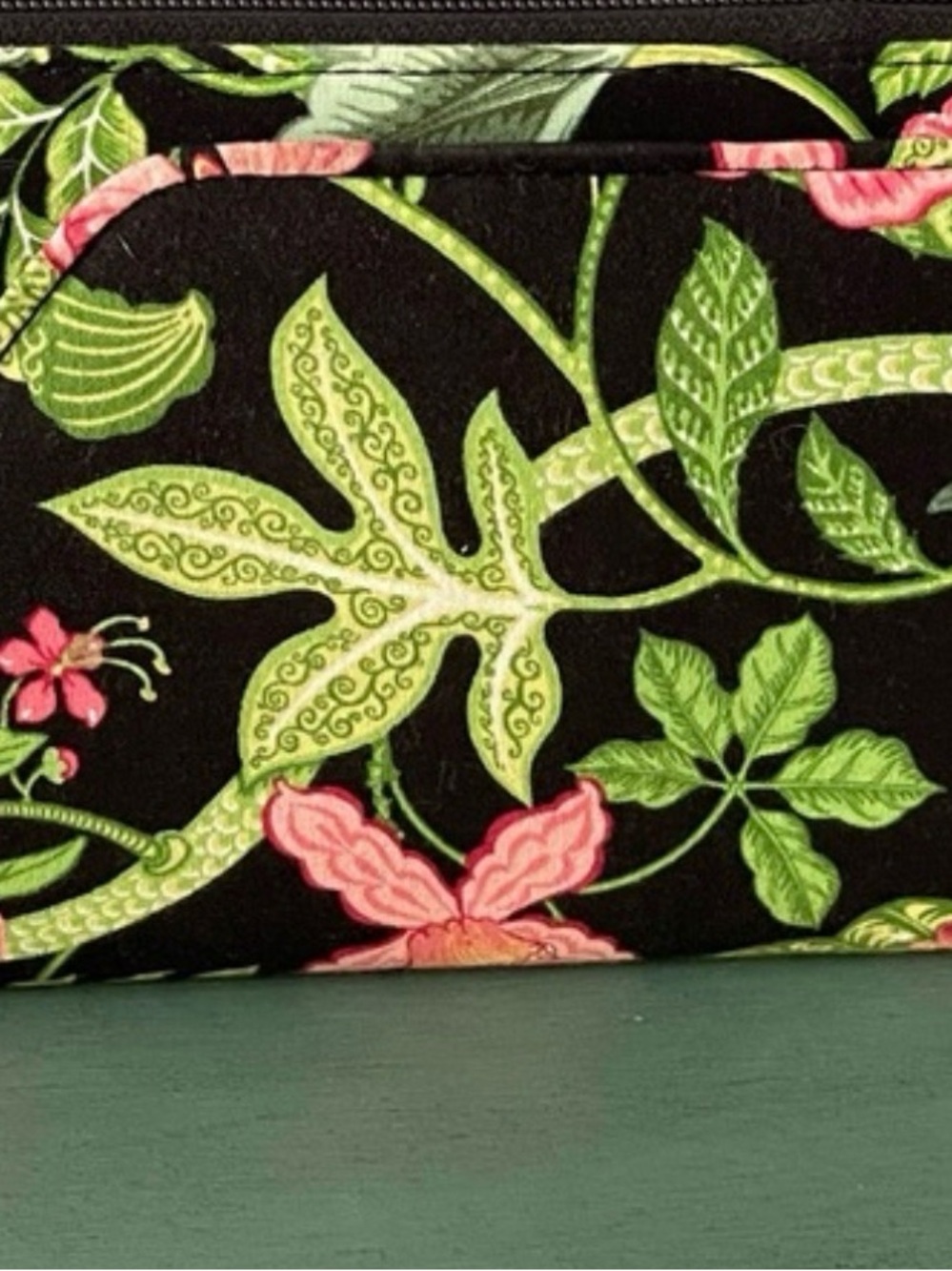 Vera Bradley Black Floral Zip Cosmetic Pouch with Pink & Green Blooms-Retired